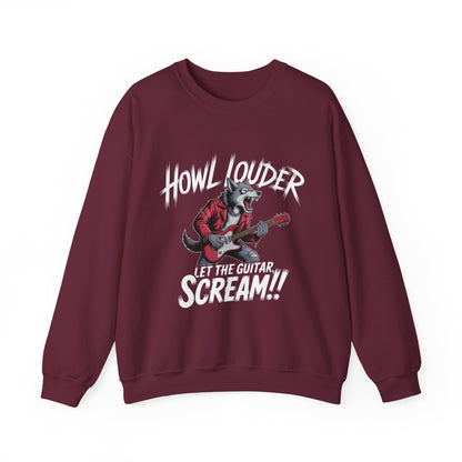 Howl Louder Wolf Sweatshirt, Let The Guitar Scream Pullover, Rock Guitar Animal Hoodie, Rocking Wolf Crewneck Sweatshirt, Music Lover Gift