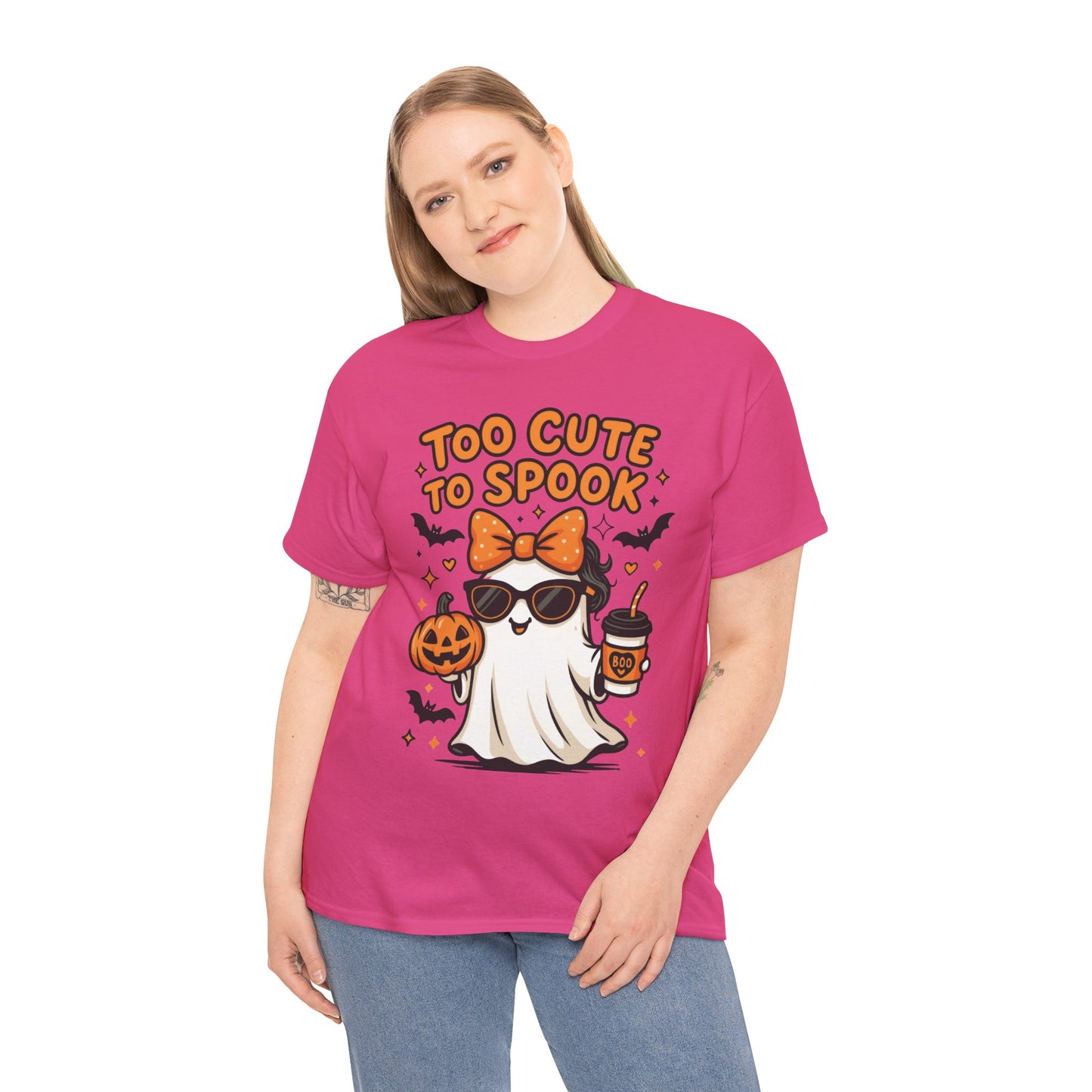 Too Cute To Spook Women's T-Shirt, Cute Ghost Pumpkin Coffee Halloween Graphic Tee