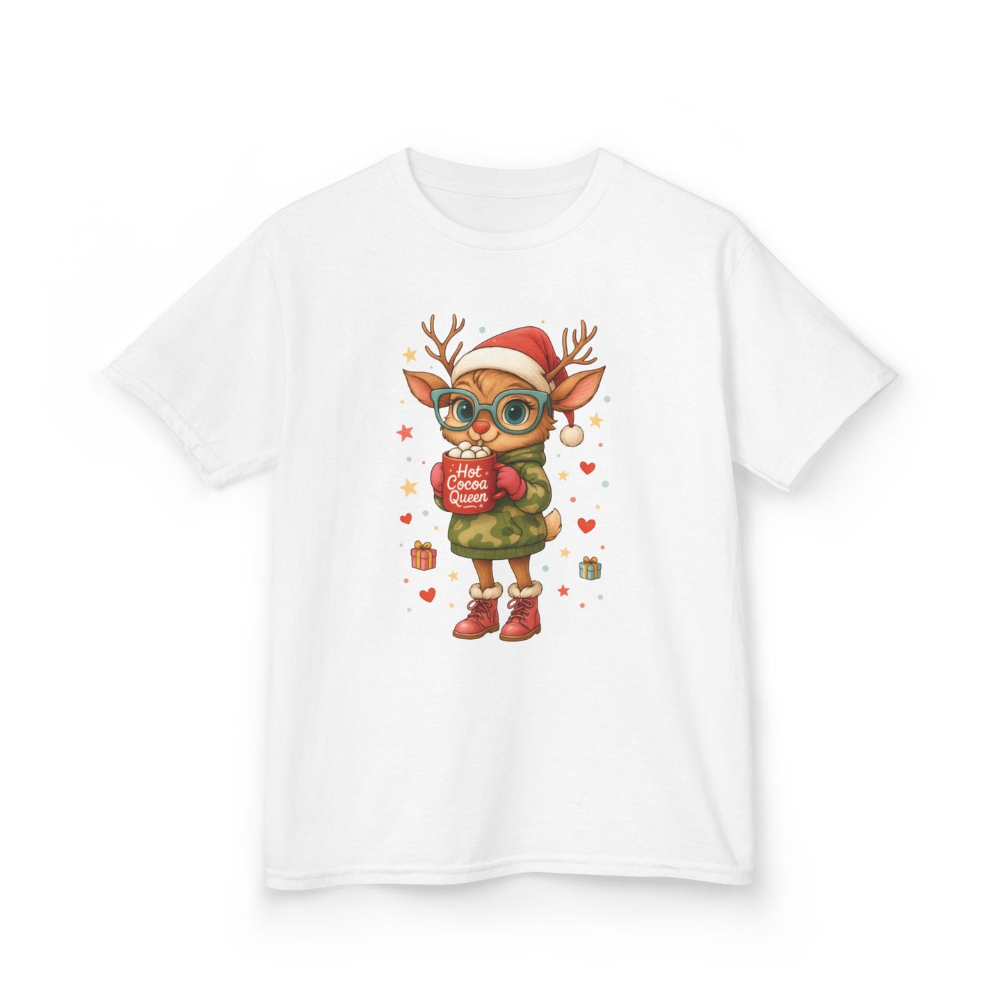 Hot Cocoa Queen Christmas T-Shirt for Girls, Cute Holiday Reindeer Tee