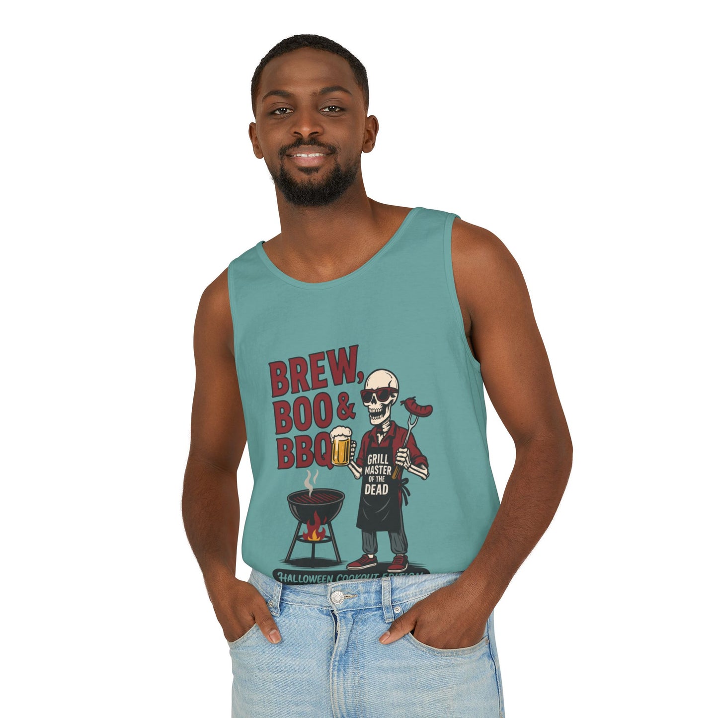 Halloween BBQ Men's Tank Top, Brew Boo & BBQ Skeleton Grill Master, Funny Dad Gift, Grill Master Top, Funny Skeleton Top