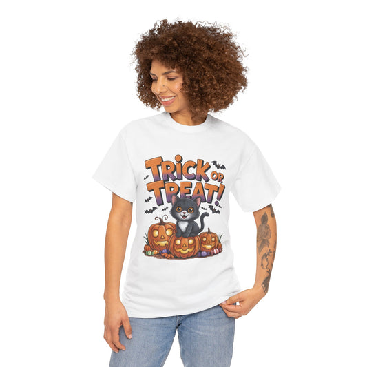 Cute Black Cat Trick or Treat Halloween T-Shirt for Women, Funny Pumpkin Cat Tee, Spooky Fall Shirt, Matching Family Halloween Shirts