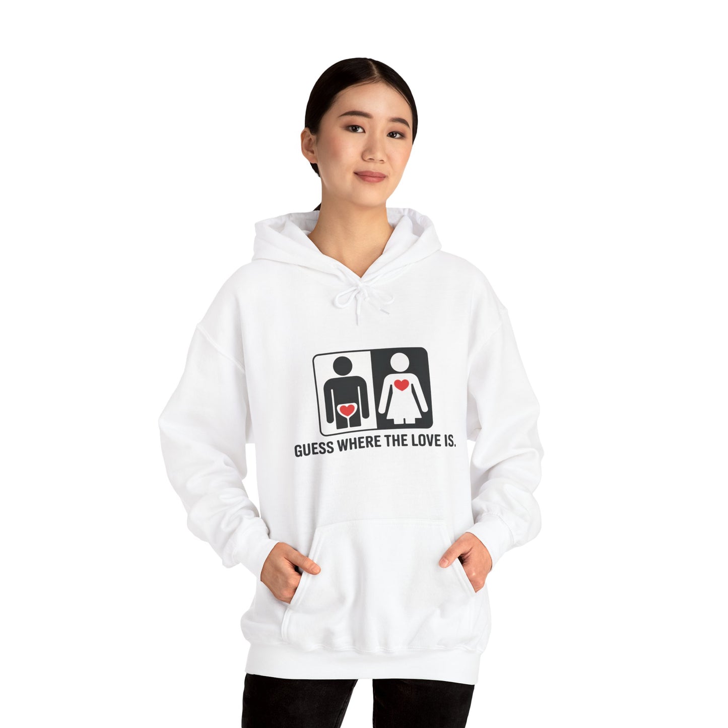 Cute Guess Where The Love Is Mens Hoodie, Sweatshirt for Couples, Valentines Day Gift, Relationship Humor Hoodie, Bold Love Joke Hoodie