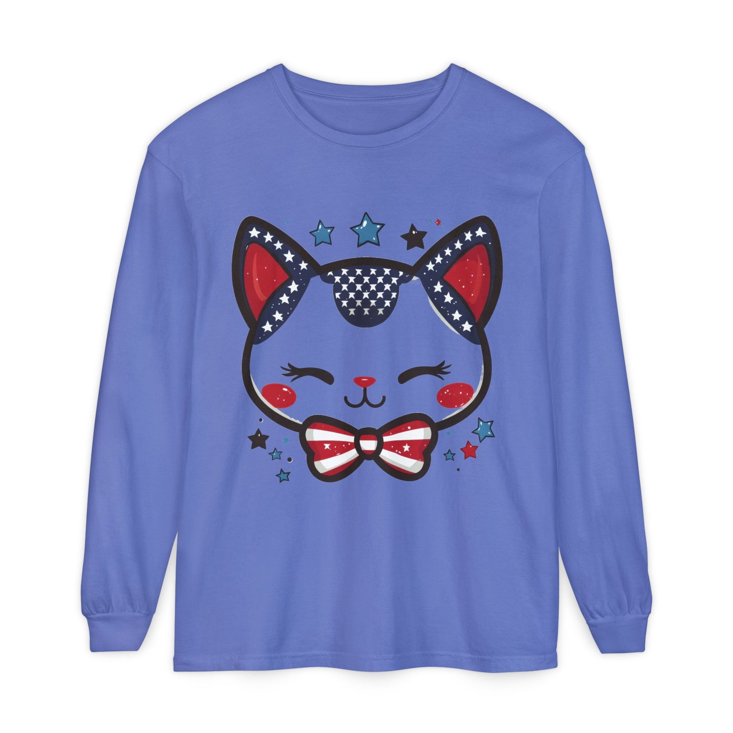 Cute Patriotic Cat Long Sleeve Women's T-Shirt, Fourth of July, Cat Lovers Gift, Casual Wear, Perfect for Holidays and Celebrations