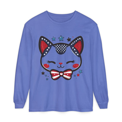 Cute Patriotic Cat Long Sleeve Women's T-Shirt, Fourth of July, Cat Lovers Gift, Casual Wear, Perfect for Holidays and Celebrations