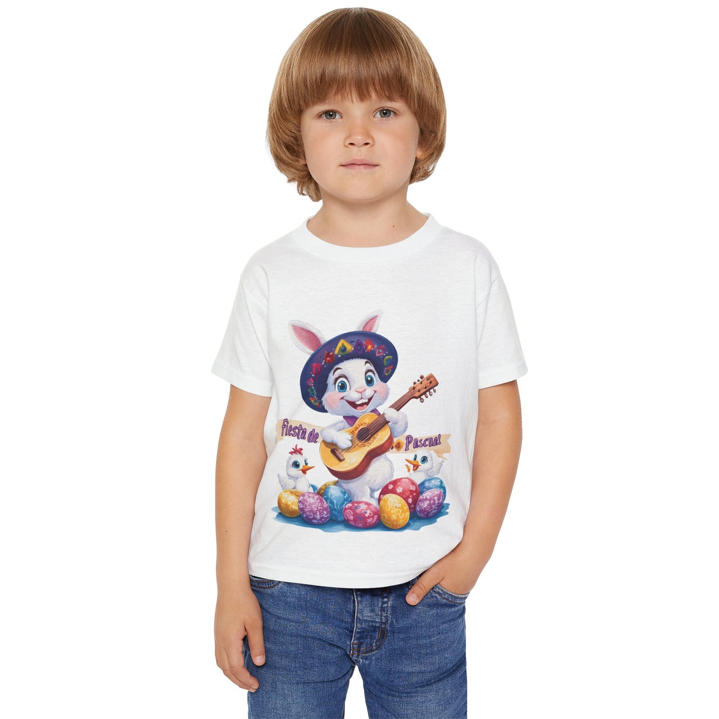 Fiesta de Pascual Toddler T-Shirt, Easter Bunny Shirt, Spring Holiday Kids Top, Adorable Gift for Toddlers, Mexican Bunny Shirt with Guitar