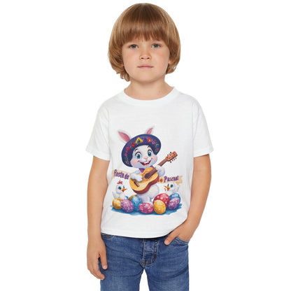 Fiesta de Pascual Toddler T-Shirt, Easter Bunny Shirt, Spring Holiday Kids Top, Adorable Gift for Toddlers, Mexican Bunny Shirt with Guitar