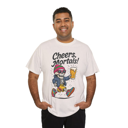 Cheers, Mortals! Mens Tee, Funny Skeleton Beer Graphic Tee, Cool Drinking Humor Shirt, Party Gift for Him, Halloween Tee,  Beer Lovers Gift
