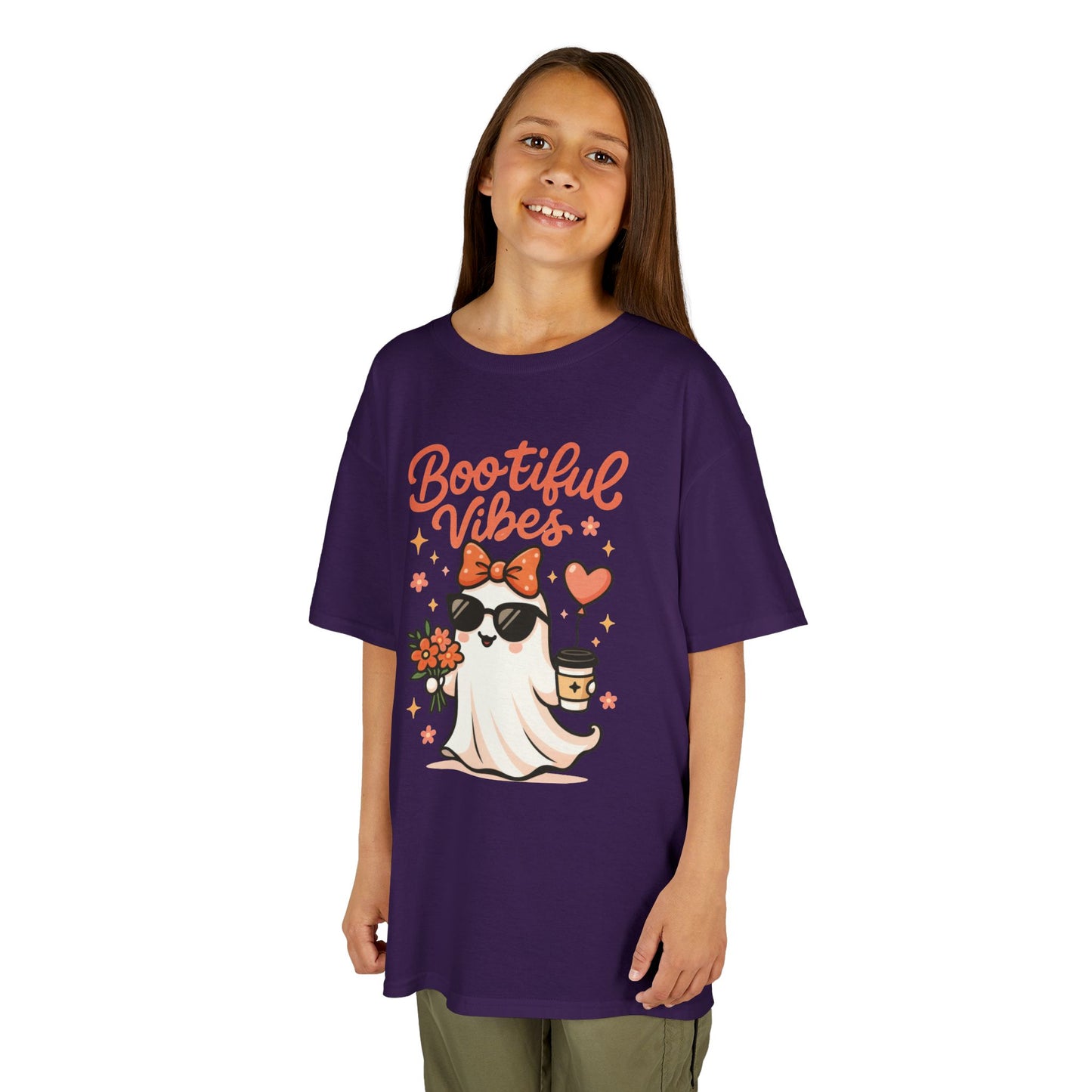 Girls Halloween Ghost T-Shirt, Cute Bootiful Vibes Tee for Kids, Fun Spooky Season Shirt, Tween Girl Outfit Gift, Kids Heavy Cotton™ Tee
