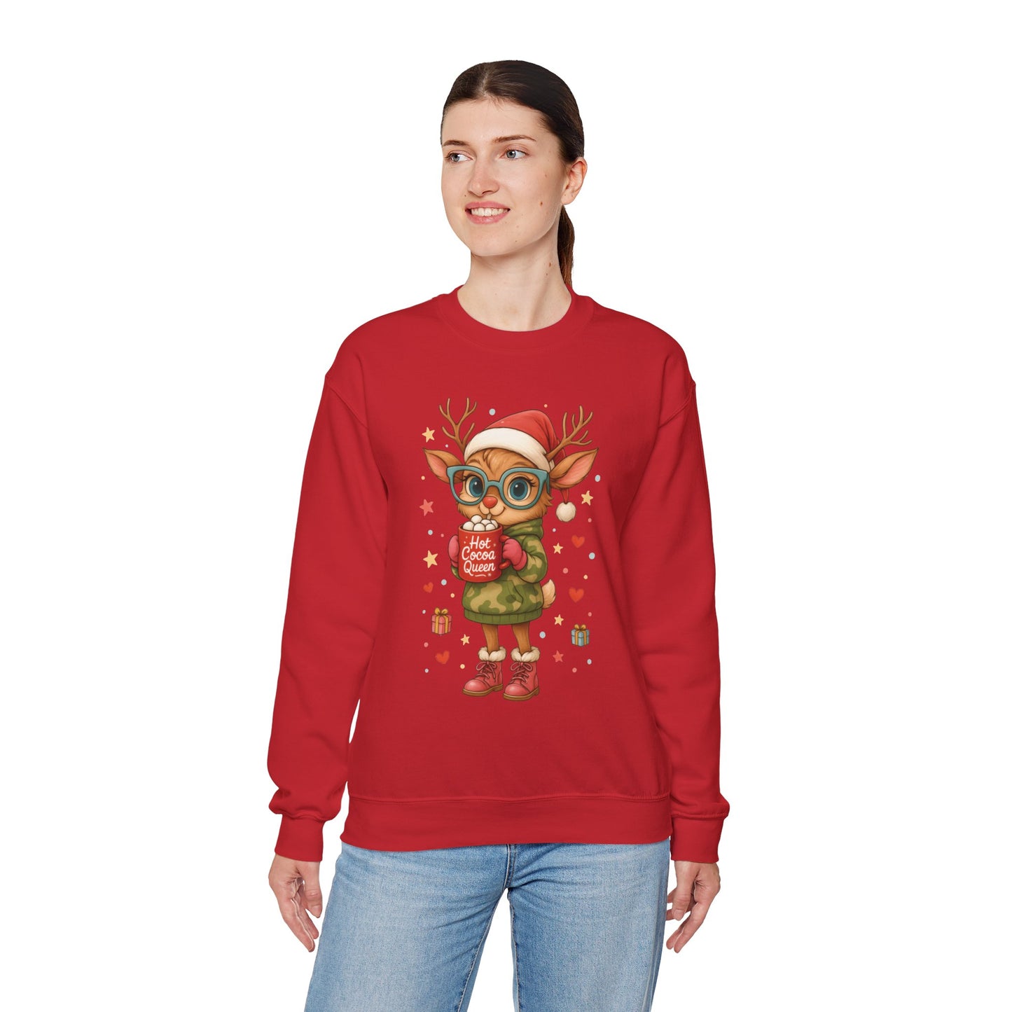 Hot Cocoa Queen Christmas Sweatshirt, Cute Cozy Holiday Reindeer Pullover