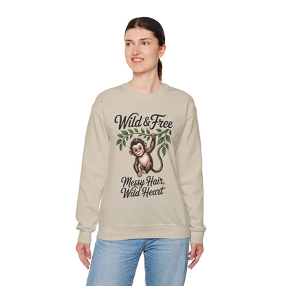 Wild & Free Monkey Sweatshirt, Messy Hair Wild Heart Womens Pullover, Cute Jungle Animal Sweater, Boho Adventure Graphic, Nature Lover Gift