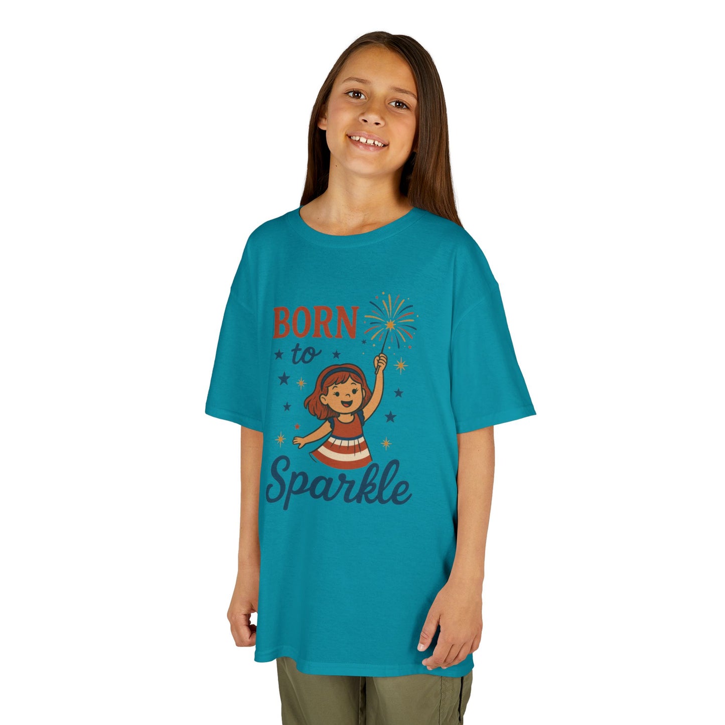 4th of July Shirt for Girls,  Born to Sparkle Tee For Kids, Patriotic Fireworks Youth T-Shirt, Independence Day Outfit for Tween Girls