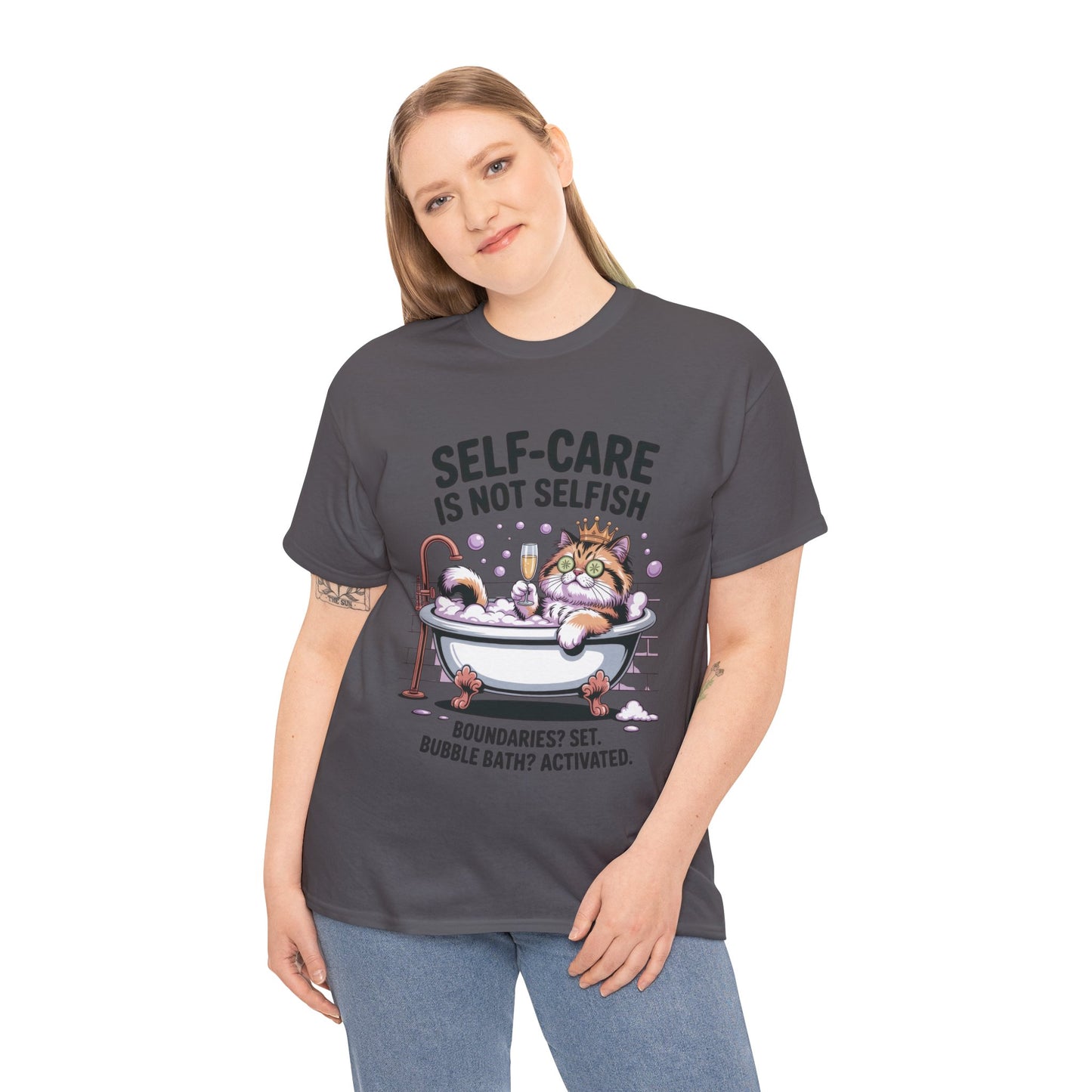 Womens Heavy Cotton Tee, Self-Care Cat Shirt, Funny Cat Bubble Bath Tee, Relaxing Kitty Graphic, Self Care Is Not Selfish Womens T-Shirt