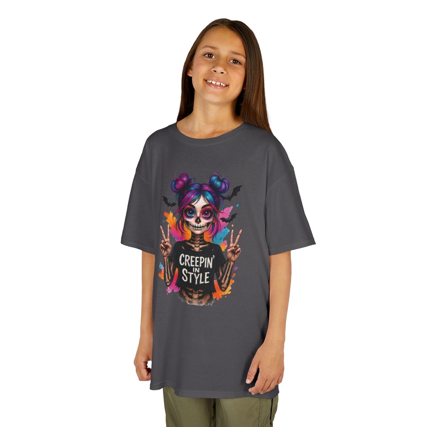Creepin' in Style Kids Halloween T-Shirt, Colorful Skeleton Girl Design, Cute Spooky Shirt for Trendy Girls