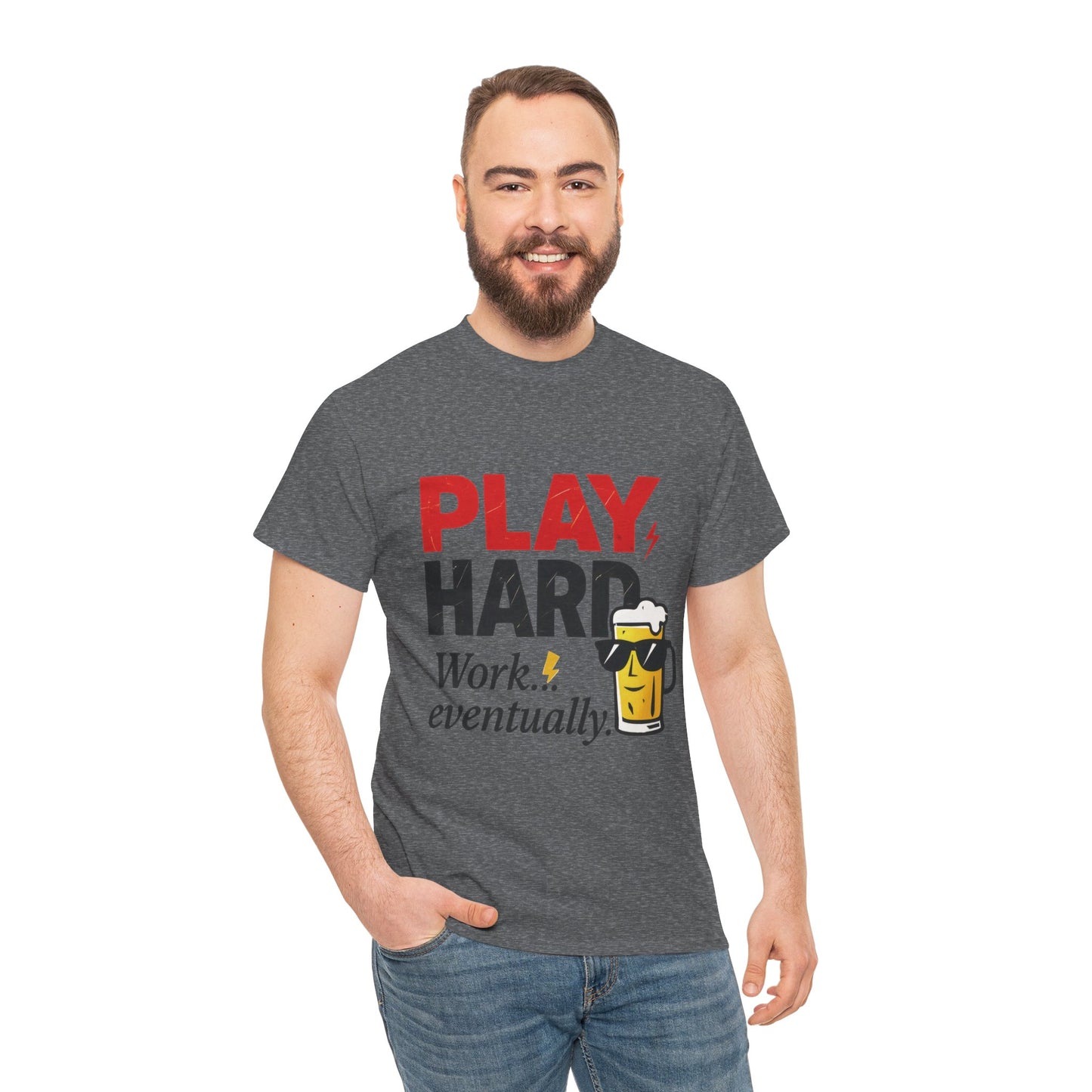 Play Hard Mens Heavy Cotton Tee, Perfect for Beer Lovers, Casual Hangouts, Parties, Gifts, and Relaxed Days