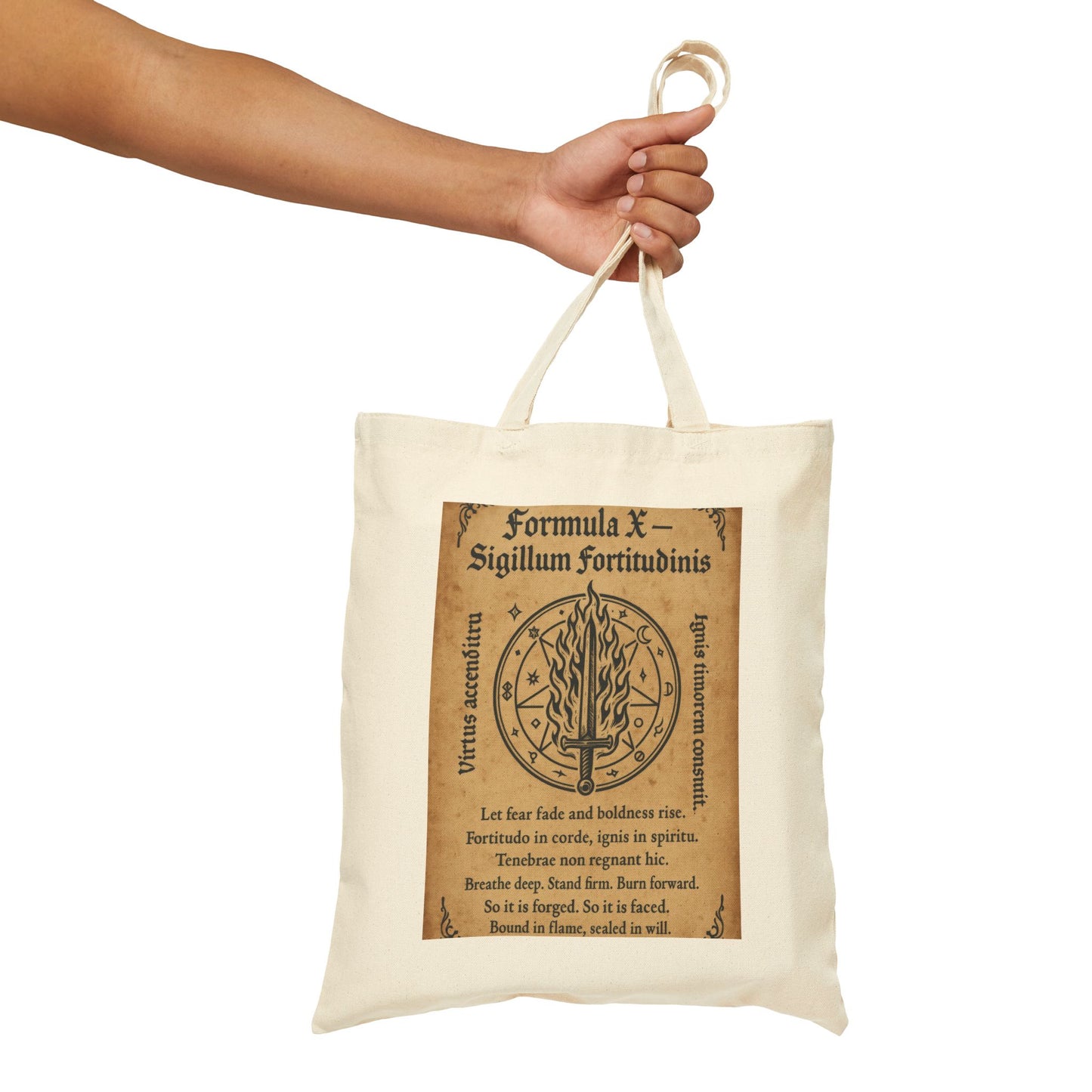 Sigil of Strength Tote Bag, Courage & Flame Symbol, Mystic Sword Ward, Witchy Canvas Bag, Fire Spell Art, Witchy Decor, Mystical Sigil Tote