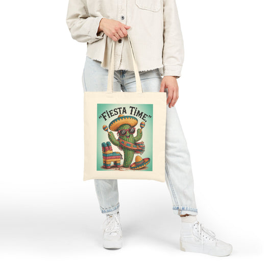 Fiesta Time Cactus Tote Bag, Colorful Funny Sombrero Maracas Piñata Mexican Party Gift Bag, Summer Vibes Canvas Bag