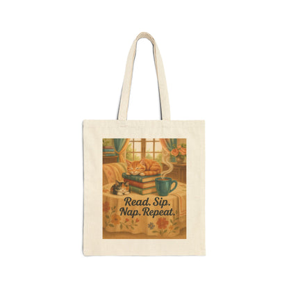 Cute Cotton Canvas Tote Bag - Read Sip Nap Repeat | Perfect for Book Lovers, Cat Lovers, Eco-Friendly Gift, Reusable Shopping Bag, Charming
