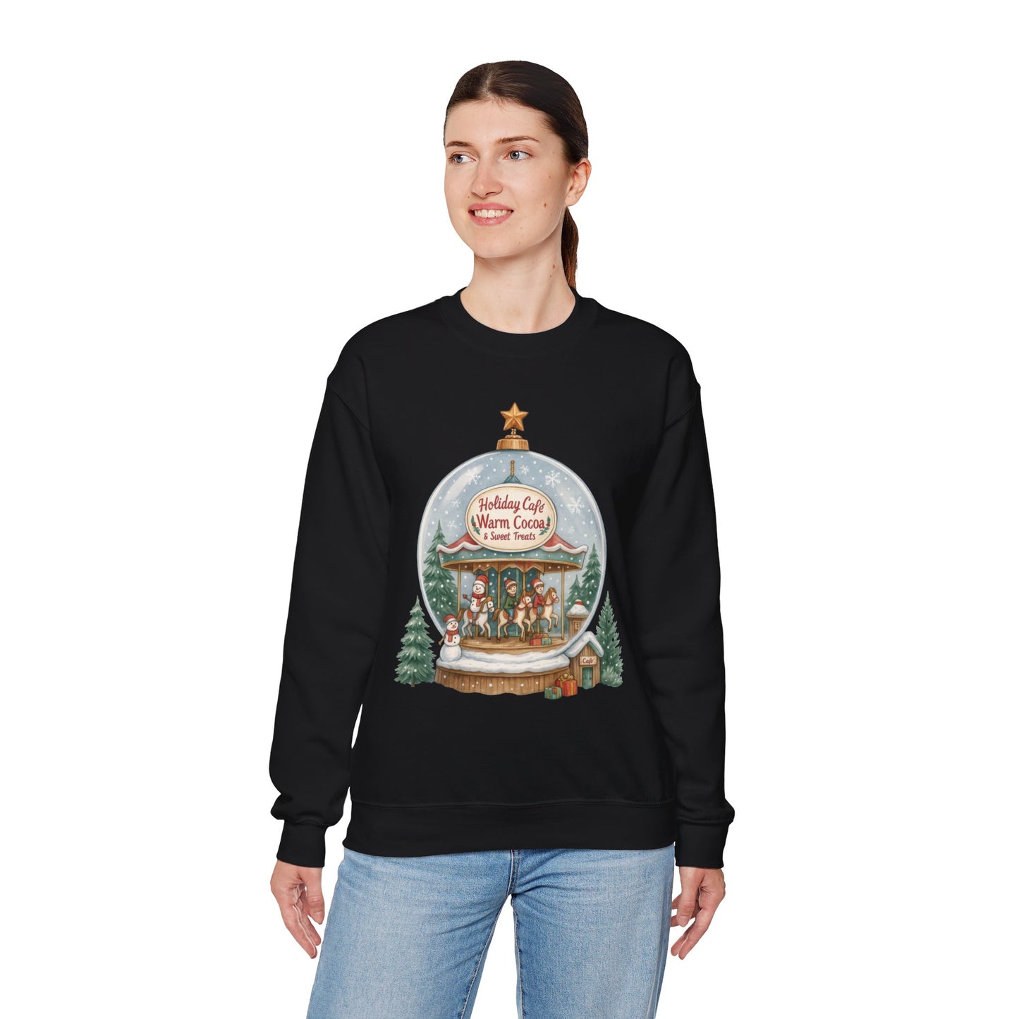 Holiday Café Christmas Sweatshirt, Warm Cocoa Snow Globe Pullover