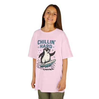 Kids Heavy Cotton™ Tee, Kids Chillin Hard Penguin T-Shirt, Funny Cool Animal Graphic Tee for Children