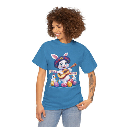 Fiesta de Pascua Bunny Shirt, Funny Easter Rabbit Playing Guitar Tee, Colorful Unisex Heavy Cotton T-Shirt, Cute Holiday Celebration Gift