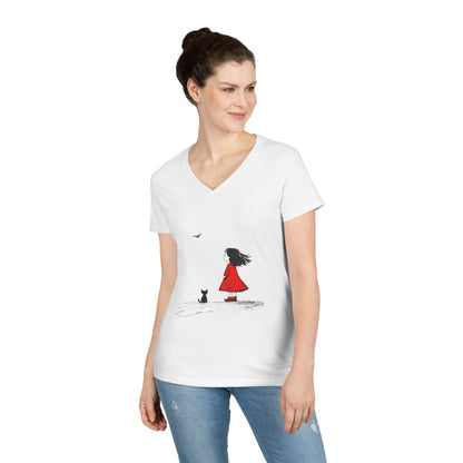 Whimsical V-Neck T-Shirt for Dreamers, Cute Graphic Tee, Animal Lovers Shirt, Stylish Casual Wear, Gifts for Her, Cat Lover T-Shirt