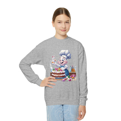Hoppy Baker Easter Bunny Youth Sweatshirt - Cute Spring Crewneck for Kids with Chef Bunny and Cake, Fun Holiday Gift for Easter Lovers