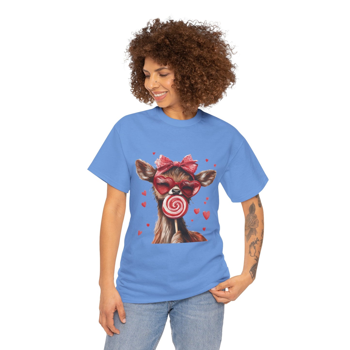 Cute Deer with Heart Glasses and Lollipop, Valentine's Day Heavy Cotton Tee, Fun Animal Love Shirt Gift for Her, Animal Lovers Shirt