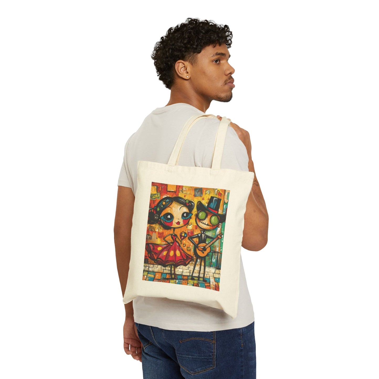 Colorful Cartoon Art Tote Bag, Quirky Gothic Skeleton and Flamenco Girl Illustration, Cotton Canvas Shopping Bag, Funky Day of the Dead Gift