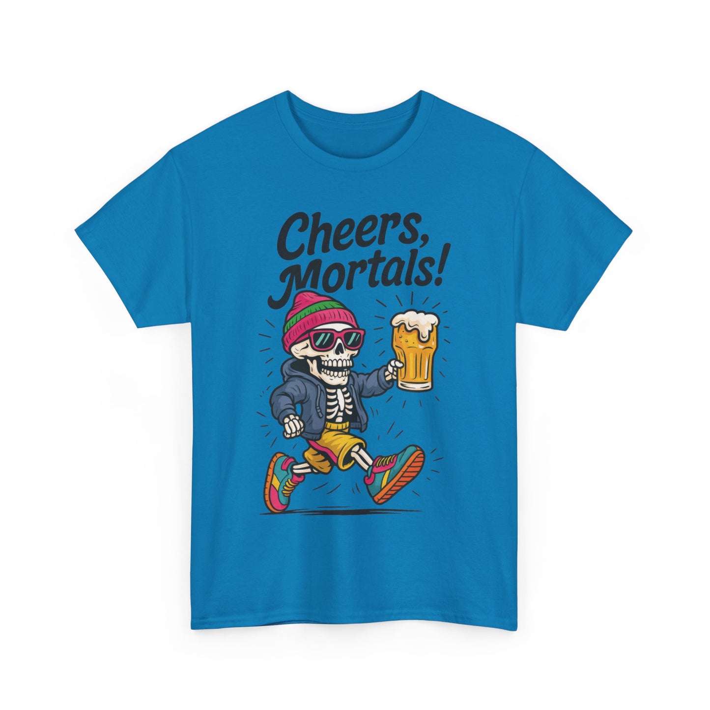Cheers, Mortals! Mens Tee, Funny Skeleton Beer Graphic Tee, Cool Drinking Humor Shirt, Party Gift for Him, Halloween Tee,  Beer Lovers Gift