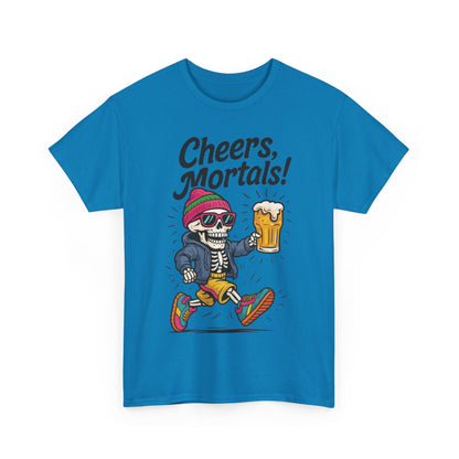 Cheers, Mortals! Mens Tee, Funny Skeleton Beer Graphic Tee, Cool Drinking Humor Shirt, Party Gift for Him, Halloween Tee,  Beer Lovers Gift