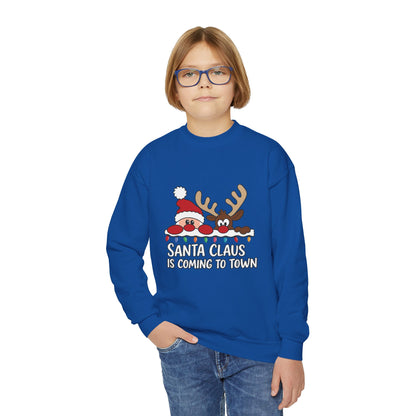 Santa Claus Is Coming to Town Kids Christmas Sweatshirt, Cute Santa - Reindeer Holiday Jumper