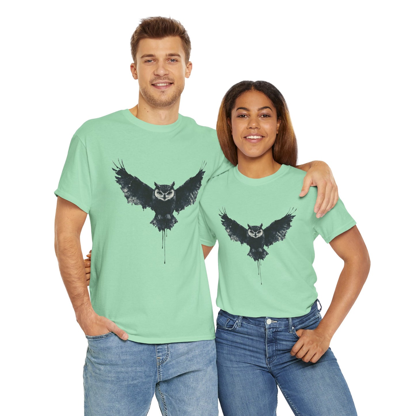 Cool Owl Graphic Unisex Heavy Cotton Tee, Flying Owl Ink Art T-Shirt, Nature Lover Gift, Animal Print Tee, Gothic Bird Graphic Tee