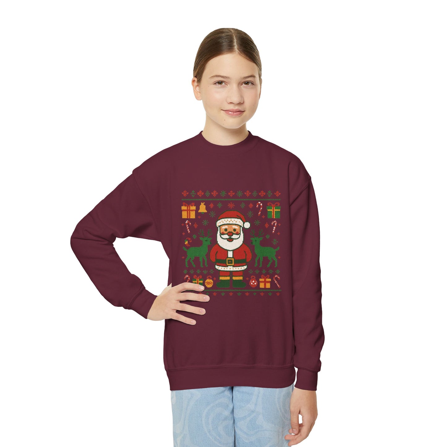 Kids Santa Christmas Shirt, Cute Knit Pattern Holiday  Sweatshirt, Youth Crewneck Sweatshirt