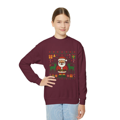 Kids Santa Christmas Shirt, Cute Knit Pattern Holiday  Sweatshirt, Youth Crewneck Sweatshirt