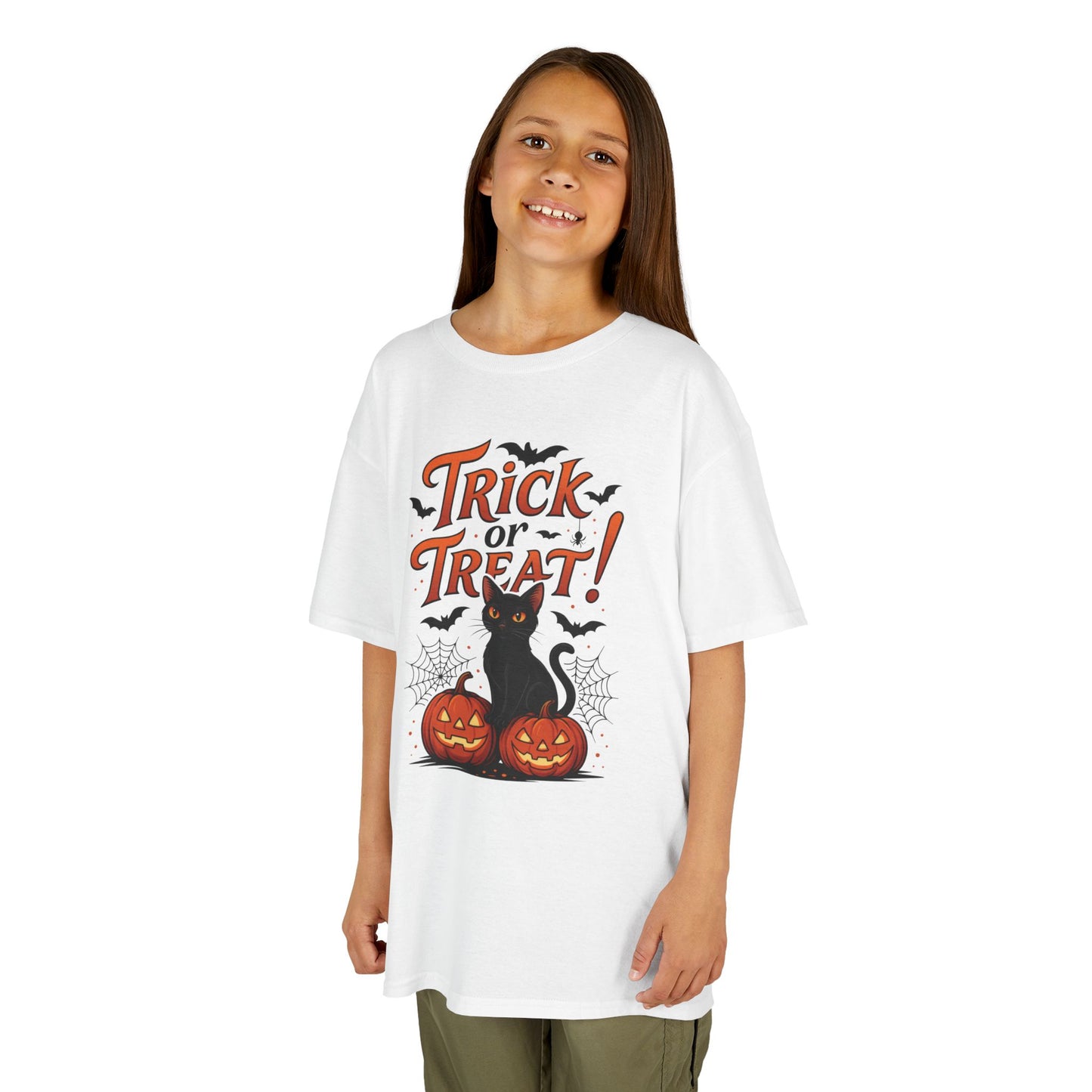 Cute Trick or Treat Black Cat T-Shirt for Girls Boys, Fun Spooky Halloween Tee, Pumpkin Cat Shirt for Kids, Fall Party Outfit