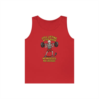 Funny Skeleton Gym Tank Top, Still Lifting After Death, Funny Workout Tee for Men, Fitness Gift, Halloween Apparel, Unisex Cotton Tank Top