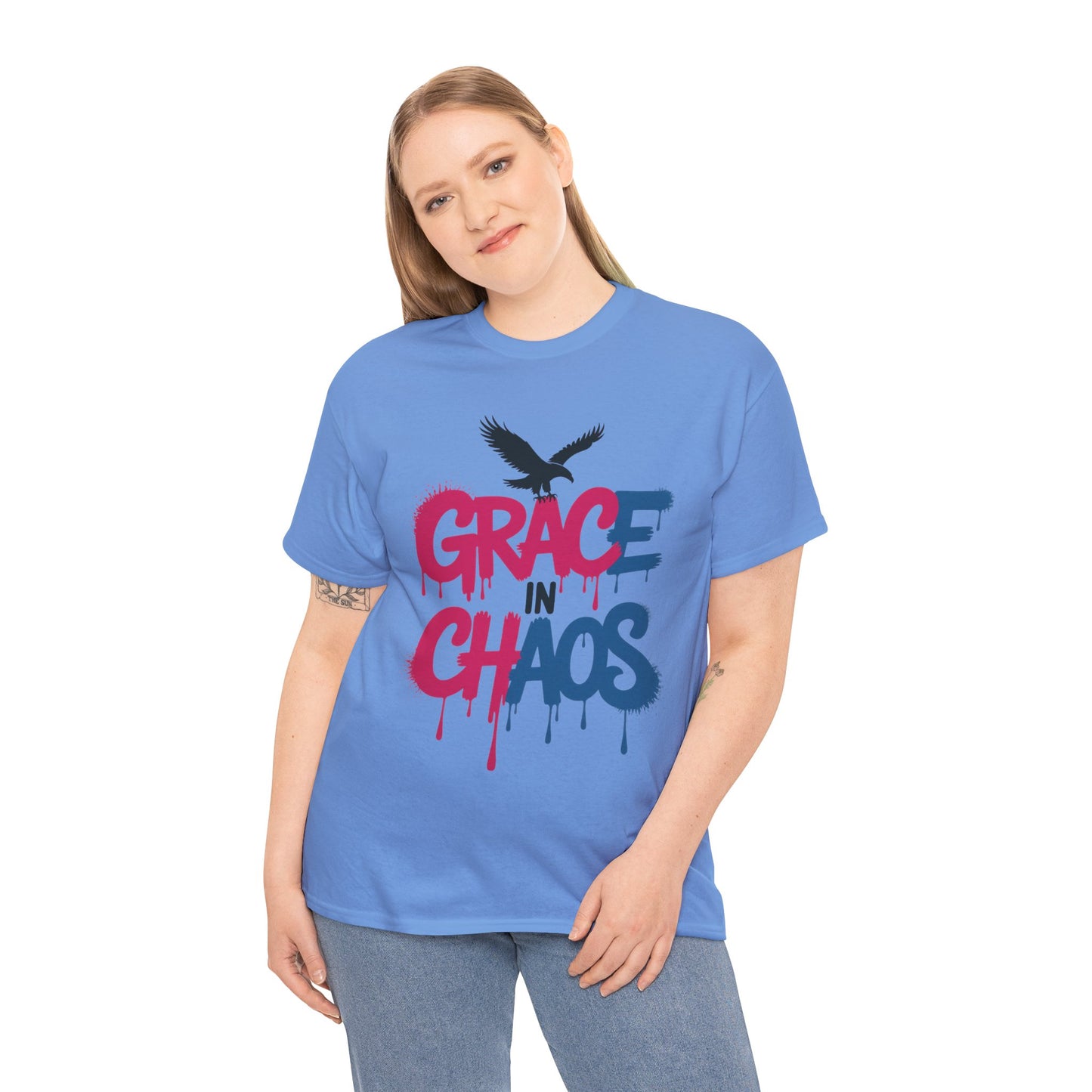 Womens Graffiti T-Shirt, Grace in Chaos Dripping Street Art Tee, Bold Urban Graphic Shirt