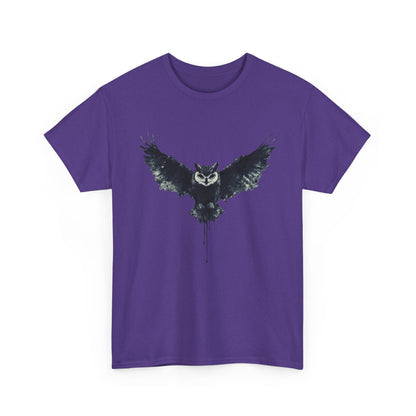 Cool Owl Graphic Unisex Heavy Cotton Tee, Flying Owl Ink Art T-Shirt, Nature Lover Gift, Animal Print Tee, Gothic Bird Graphic Tee