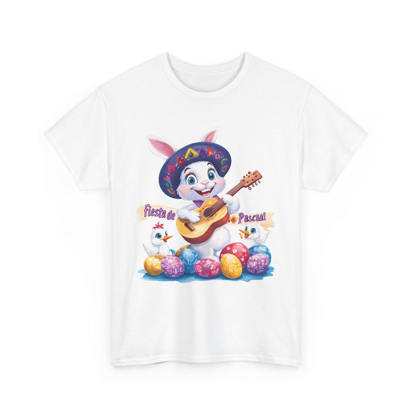 Fiesta de Pascua Bunny Shirt, Funny Easter Rabbit Playing Guitar Tee, Colorful Unisex Heavy Cotton T-Shirt, Cute Holiday Celebration Gift