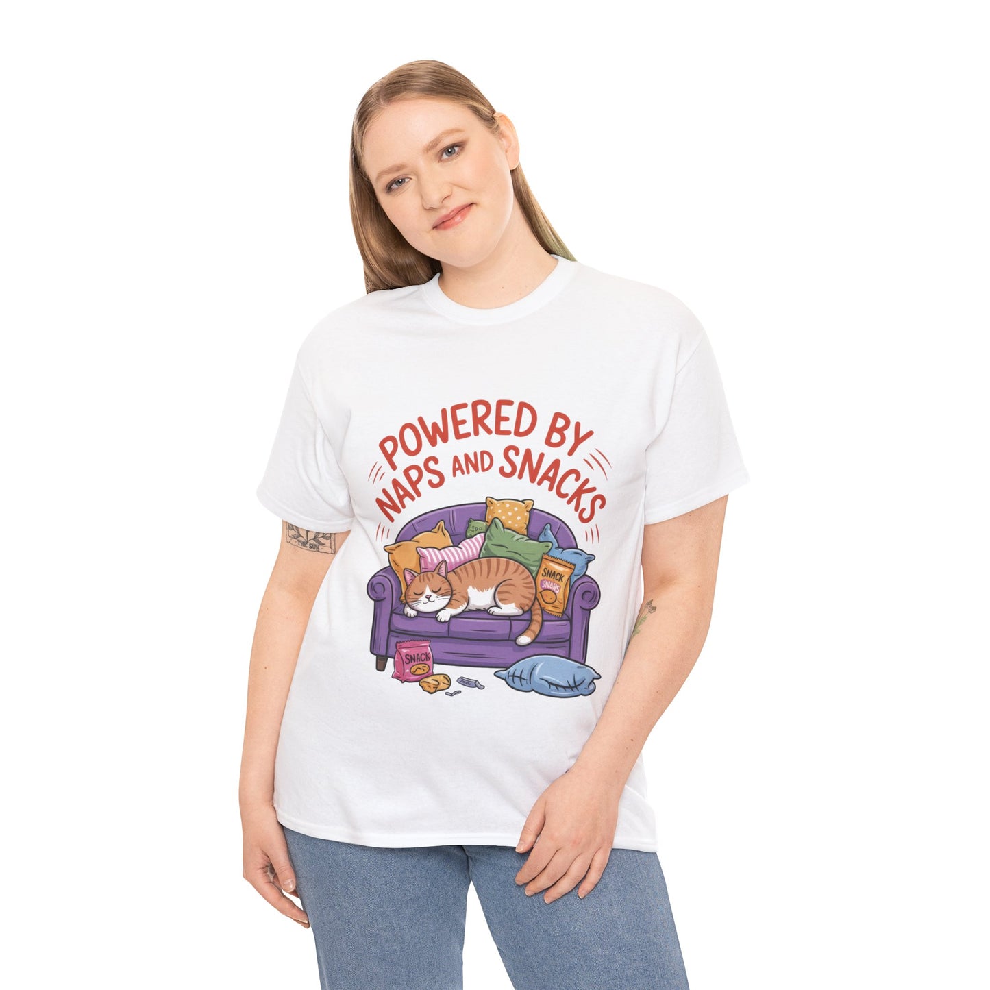 Powered by Naps and Snacks Cat T-Shirt, Funny Lazy Cat Lover Womens Tee, Cute Humor Shirt, Cozy Gift for Her, Cozy Cat Lover T-Shirt