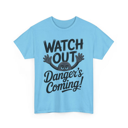 Funny "Watch Out" Cartoon Character T-Shirt, Sketch Style Unisex Heavy Cotton Tee, Minimalist Humorous Graphic Tee, Gift for Him/Her