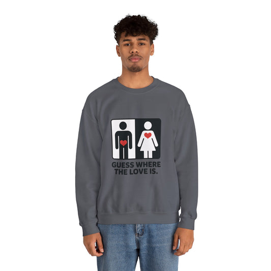 Guess Where the Love Is Mens Crewneck Sweatshirt, Cute Couples Gift, Love Themed Apparel, Valentine's Day Apparel, Relationship Sweatshirt
