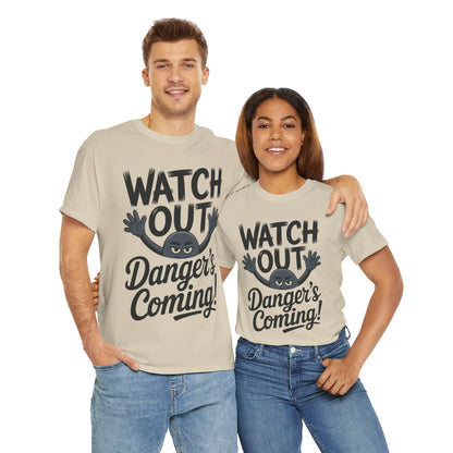 Funny "Watch Out" Cartoon Character T-Shirt, Sketch Style Unisex Heavy Cotton Tee, Minimalist Humorous Graphic Tee, Gift for Him/Her