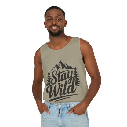 Stay Wild Garment-Dyed Mens Tank Top, Boho Summer Top, Adventure Shirt, Nature Lover Apparel, Gift for Hikers, Outdoor Clothing