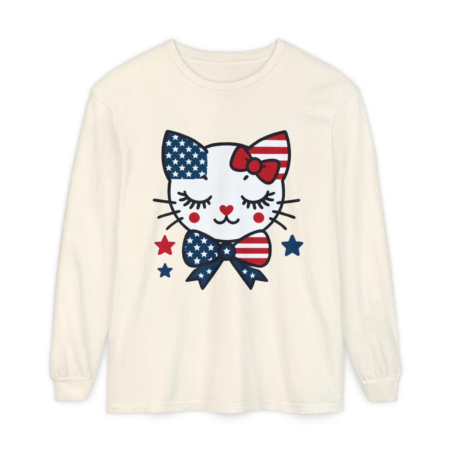 Patriotic Cat Long Sleeve T-Shirt, Women's Tee, Perfect for Fourth of July, Animal Lover Gift, Cozy Casual Wear, Holiday Apparel