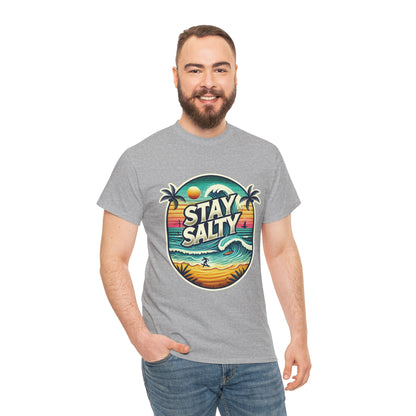 Stay Salty Retro Surf Unisex Heavy Cotton Tee, Vintage Beach Sunset Graphic T-Shirt, Summer Ocean Wave Surfer Shirt, Ocean Lover Gift