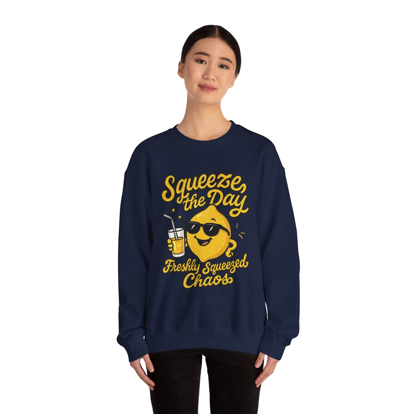 Funny Lemon Womens Sweatshirt - Squeeze The Day Freshly Squeezed Chaos Cozy Pullover - Citrus Positive Crewneck Sweatshirt, Cheerful Fashion
