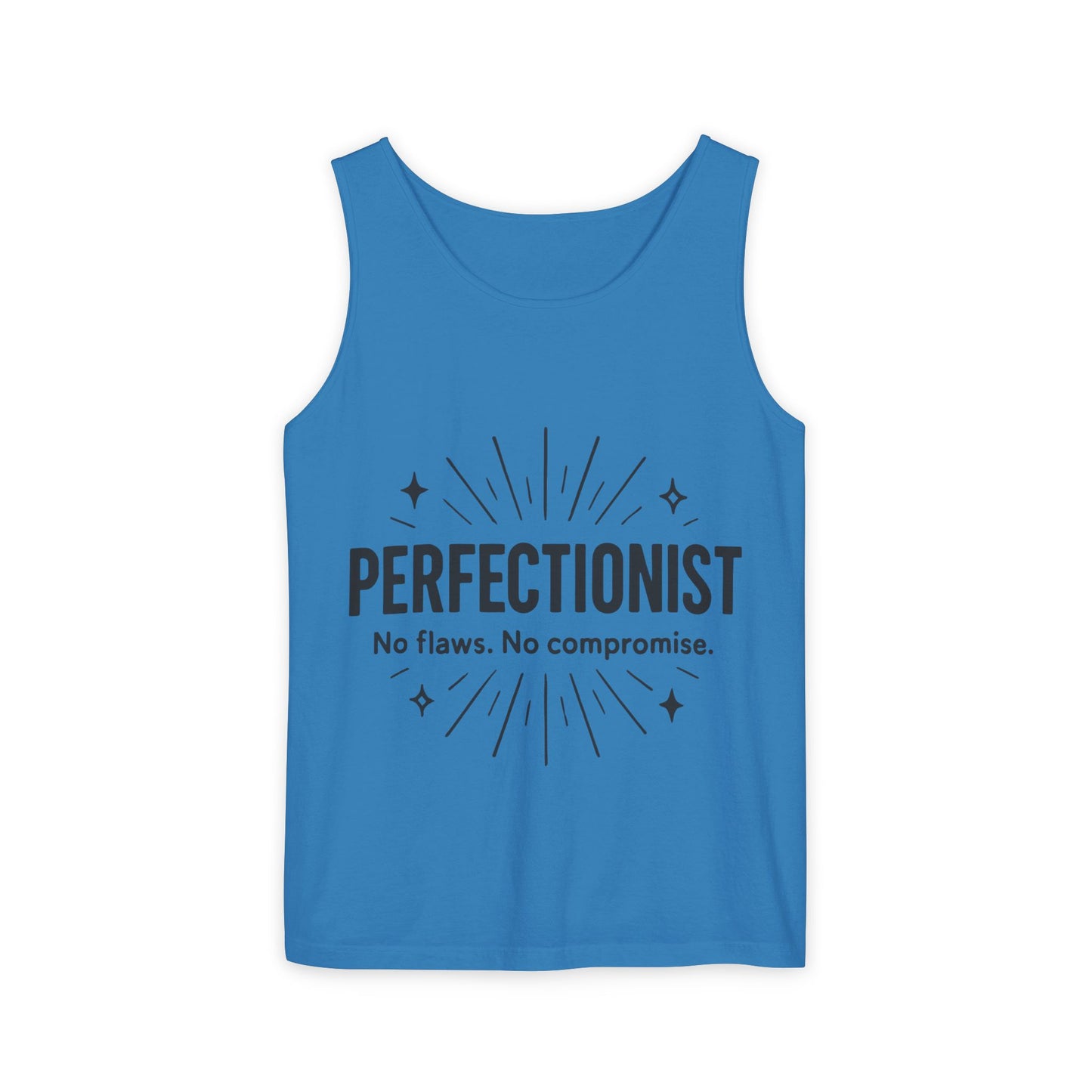 Mens Perfectionist Tank Top, No Flaws No Compromise, Minimal Bold Graphic Tee, Gift for OCD, Clean Freak, or Detail-Oriented Men