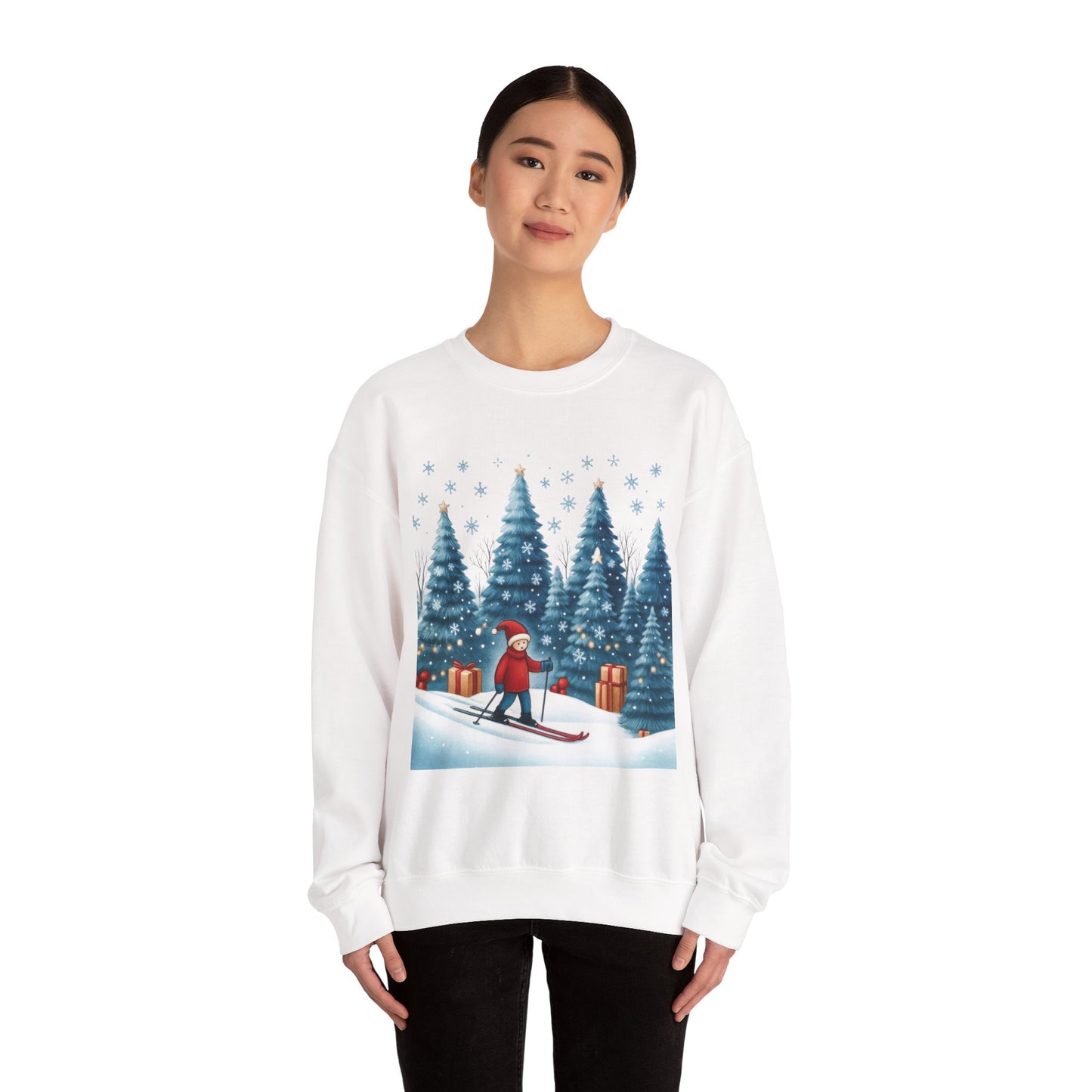 Womens Christmas Skiing Sweatshirt, Cozy Winter Holiday Pullover, Women's Heavy Blend™ Crewneck Sweatshirt