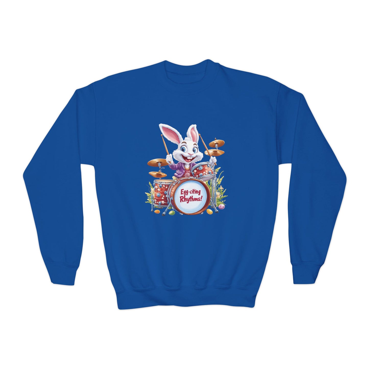 Easter Bunny Drummer Kids Sweatshirt - Cute Spring Crewneck for Children, Fun Easter Gift Colorful Bunny Playing Drums Design